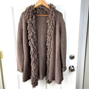 Lafayette 148 Chunky Fringe Trim Wool Brown Cozy Cardigan Sweater Size XL